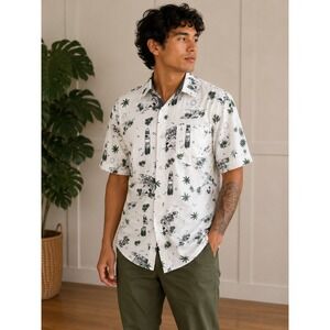 Eighty Eight Mens Astronaut Rocket Palm Leaf Graphic Button Down Shirt White L